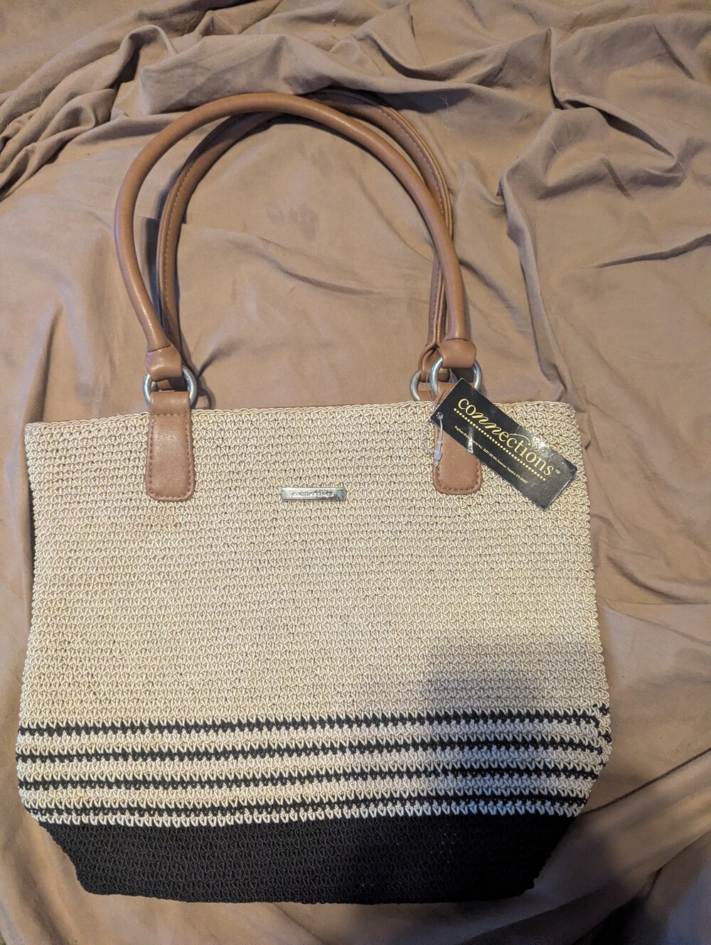 Beige and Black Straw Tote Bag with Tan Handles